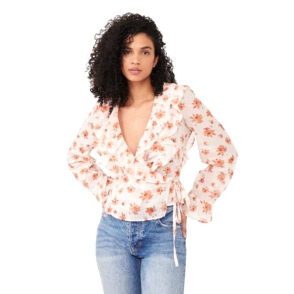 Free People Amanda Ruffle Wrap Top Medium Floral Womens Long Sleeve Boho Chic - Picture 12 of 13